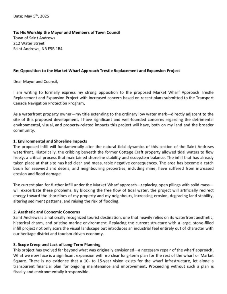 Opposition to Market Wharf Project Letter